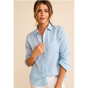 UNTUCKIT Top Sherry Striped Linen Blue White Stripe Shirt Quiet Luxury Womens 12